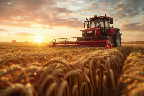 Trecker bei der Ernte im Sonnenaufgang